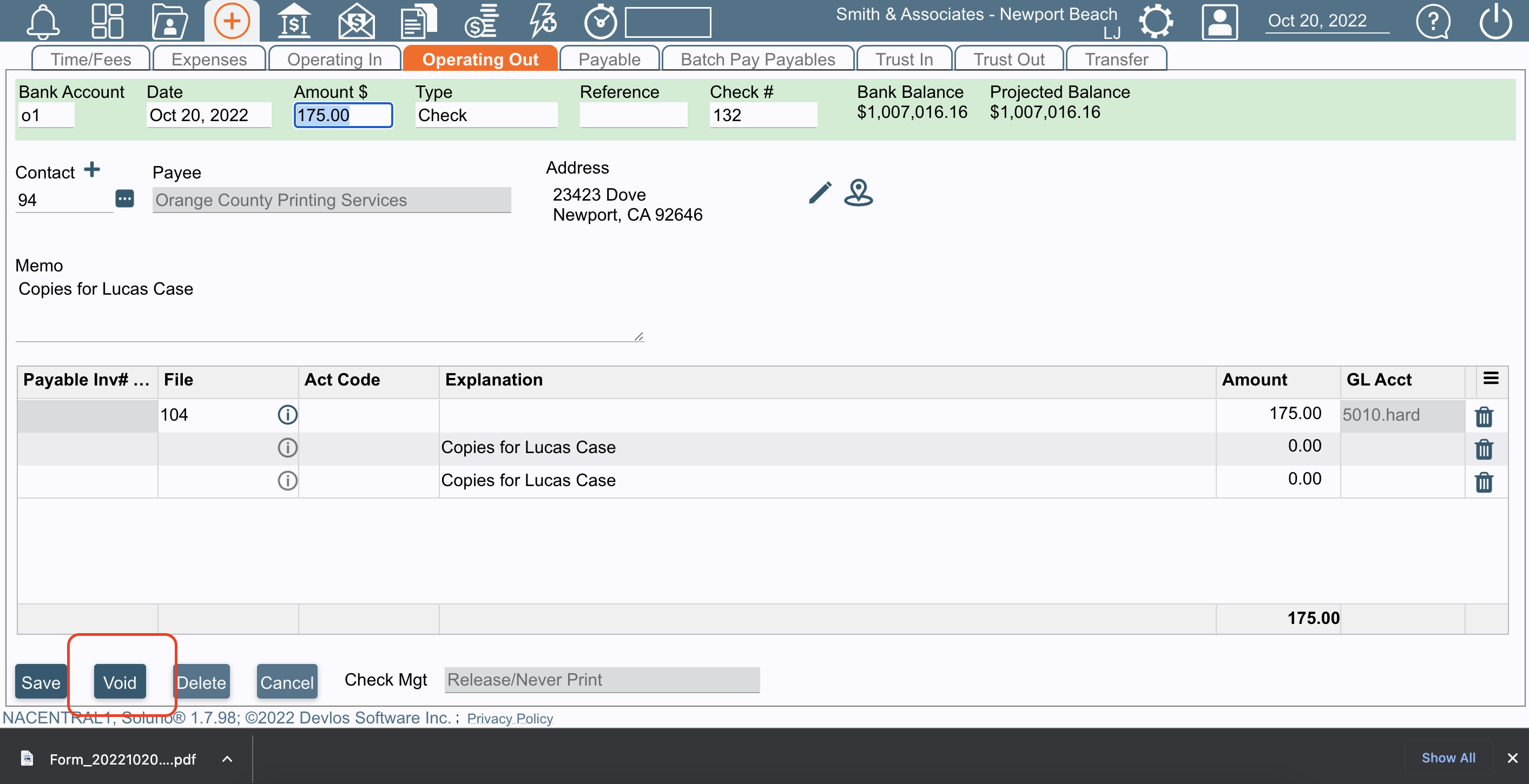 Void Costs Sent to Soluno CASEpeer