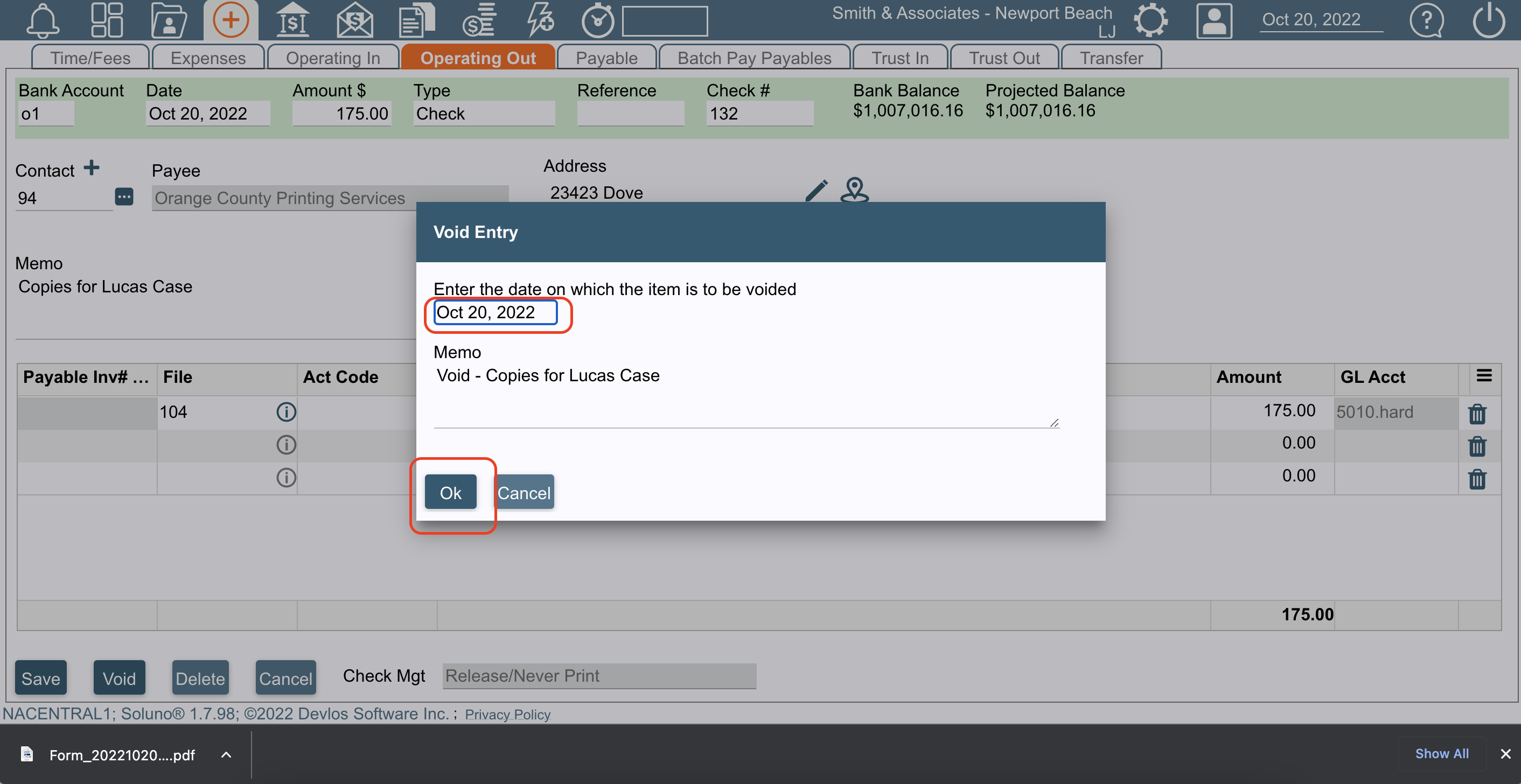 Void Costs Sent to Soluno CASEpeer