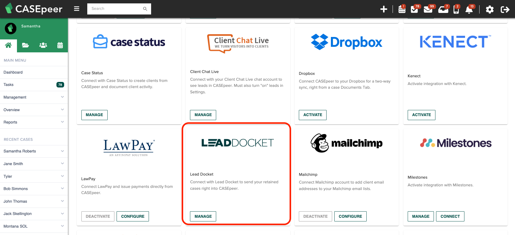 Activate the Lead Docket Integration CASEpeer