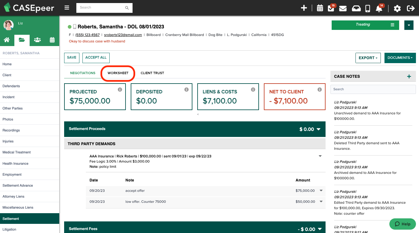 Use the Worksheet on the Settlement Tab. – CASEpeer