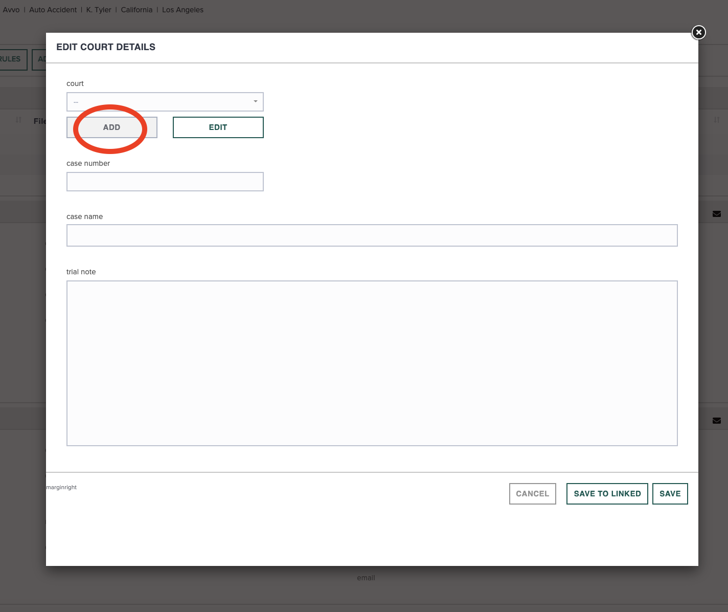 Add a Court to a Case CASEpeer