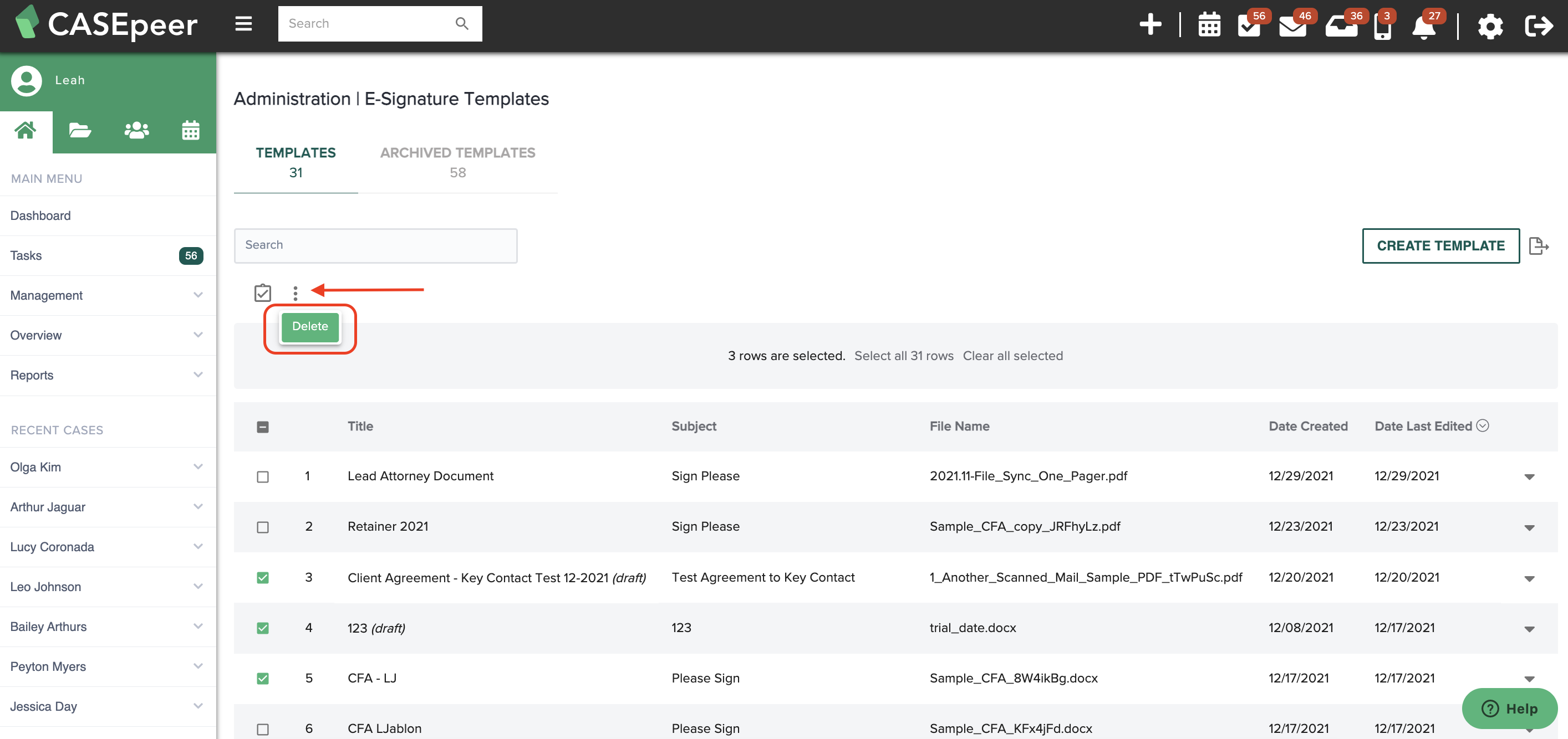 Delete ESignature Templates CASEpeer